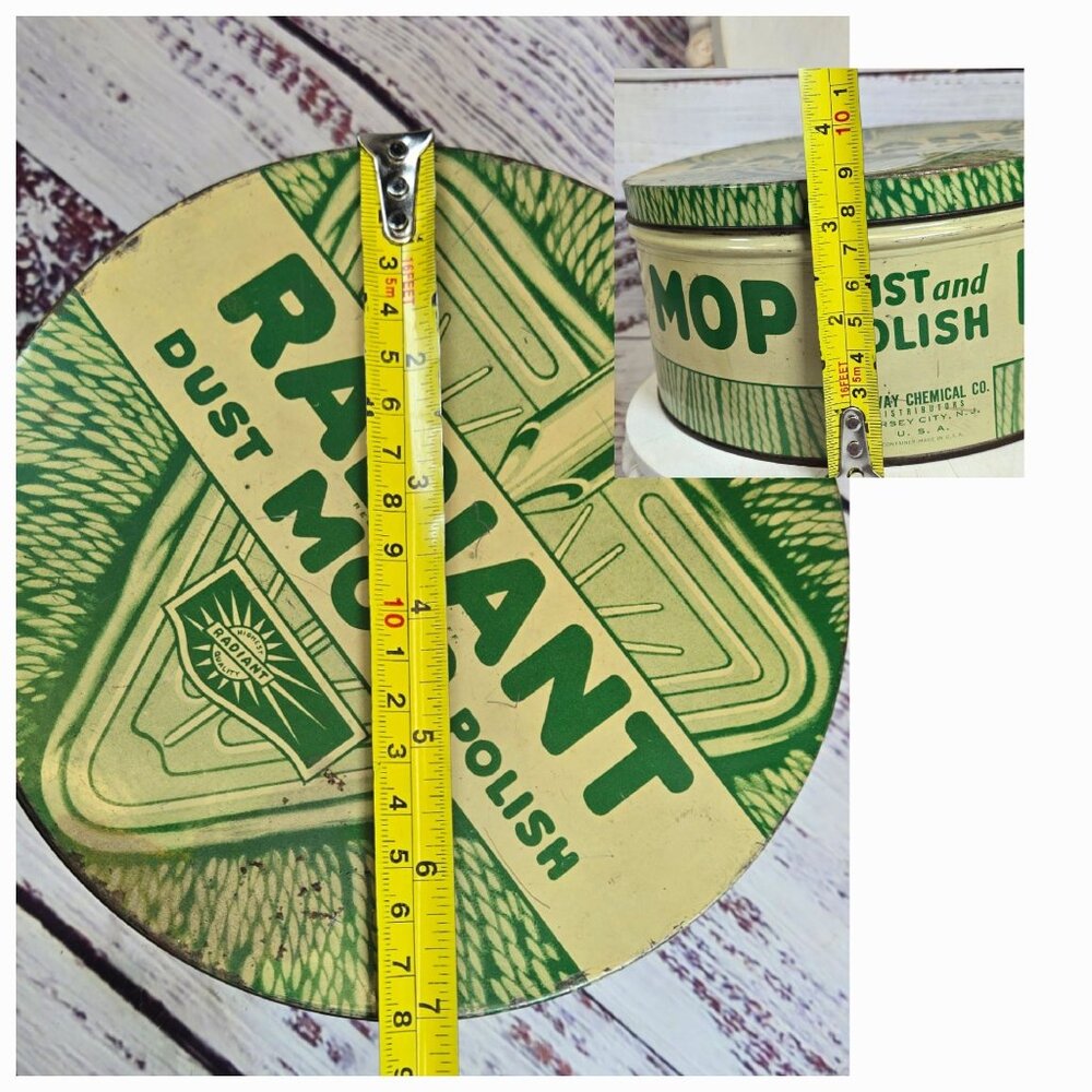 VTG Collectible tin Radiant Dust Mop Polish Tin Jersey City, NJ USA Green - Picture 10 of 11